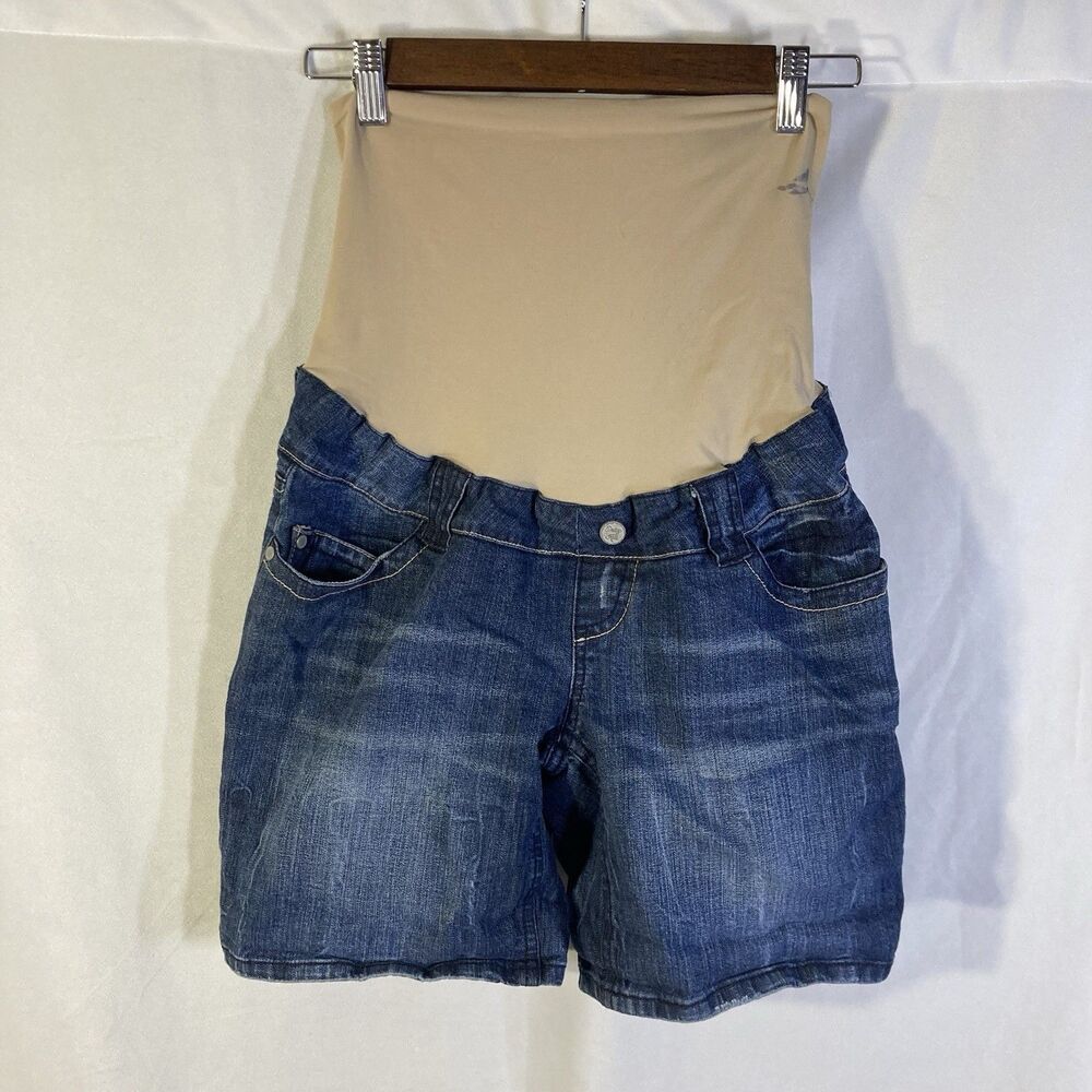INDIGO REIN blue medium wash demin pull on maternity jean shorts S